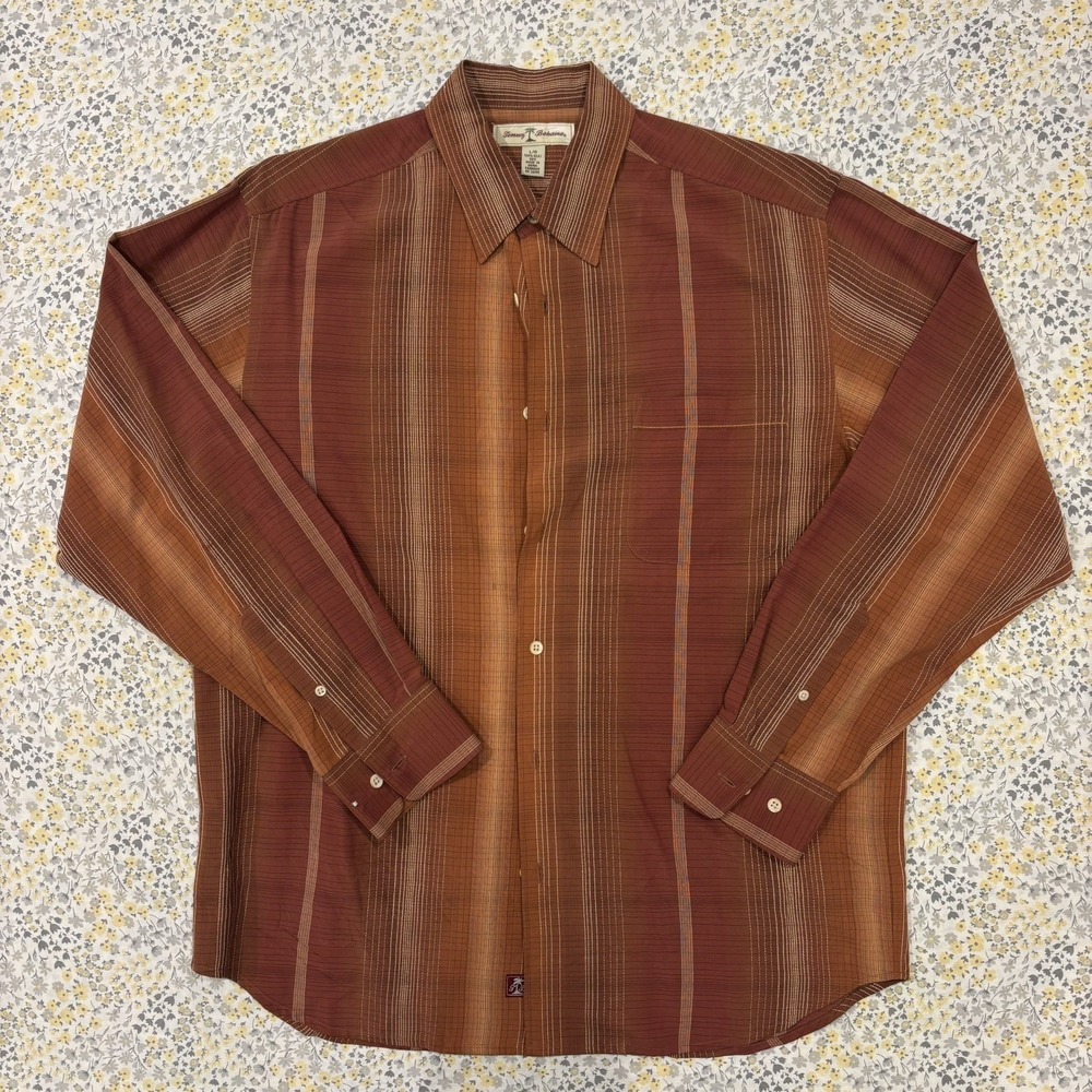 Tommy Bahama Mens L 100% Silk Long Sleeve Button Up Shirt Orange Striped Pattern